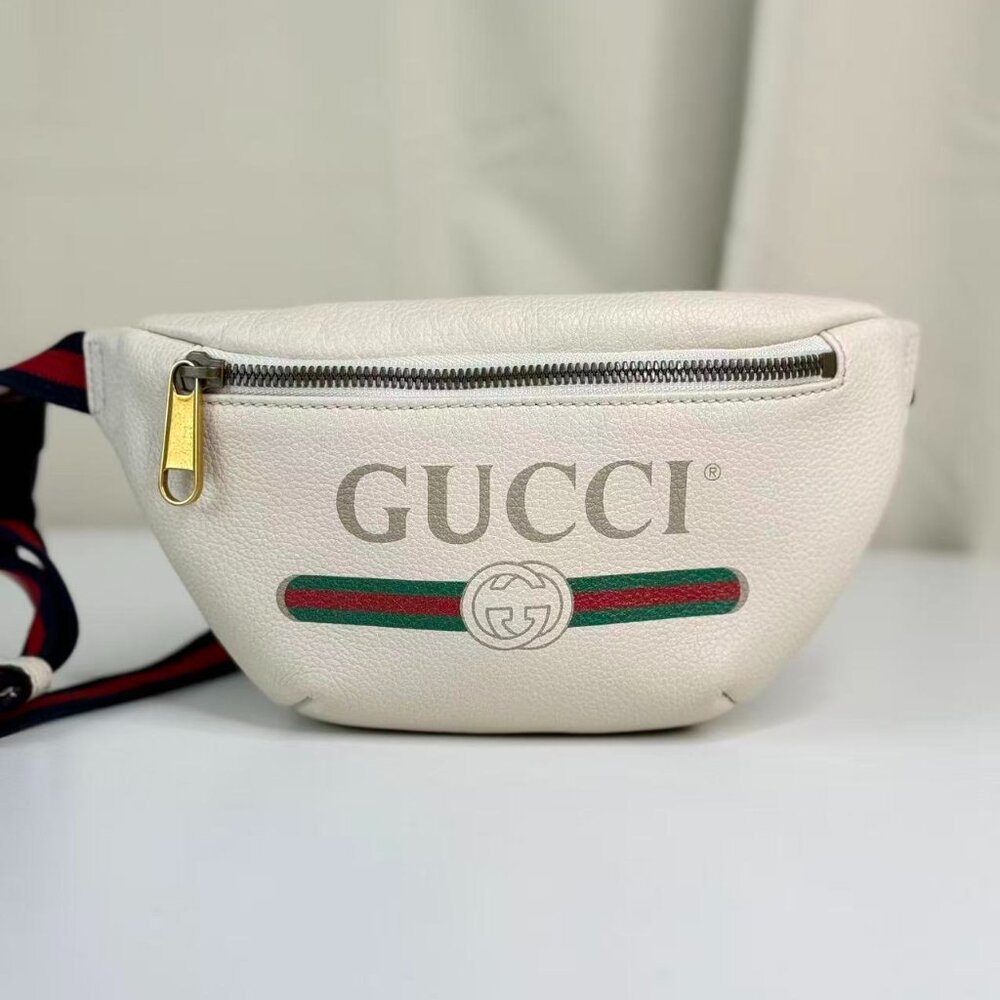 Gucci GG Logo White Leather Bum Bag with Green Red Stripes & Gold Zipper